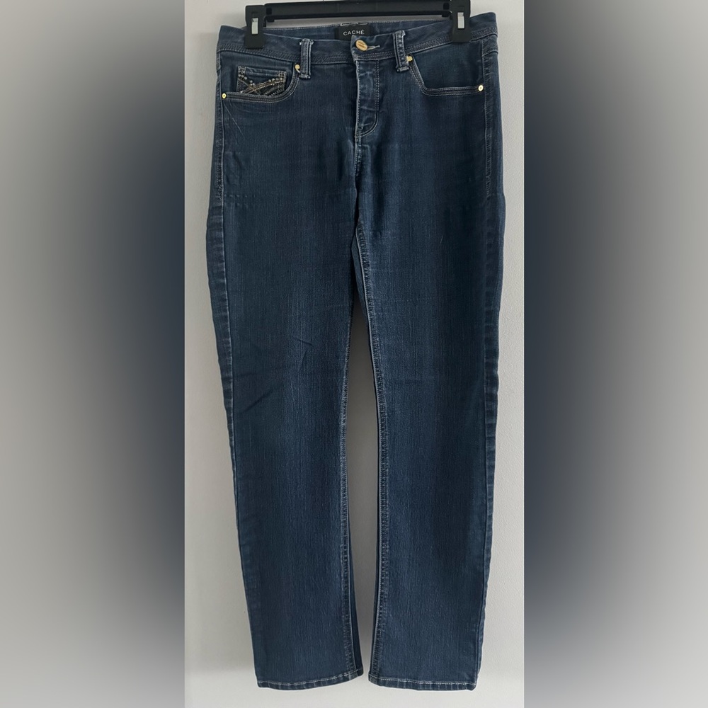 Cache Embellished Pocket Straight Leg Jeans Size 4 Medium Wash Stretch